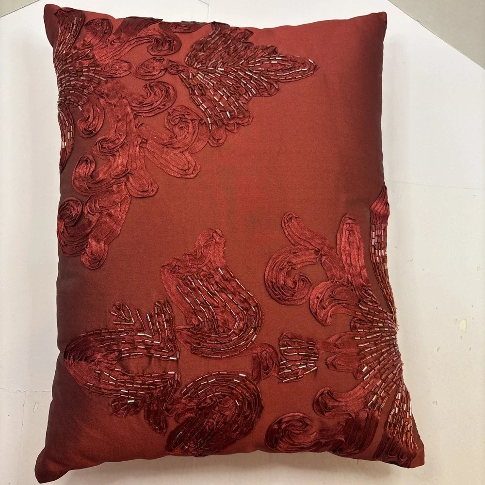 Vtg Set of 2 Pier 1 Beaded Sequin Red‎ Appliqué Ribbon Pillows 18 X14 Inch